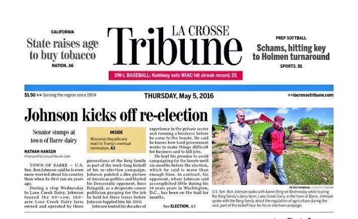 #RonOntheRoad: Ron Johnson's stop at Lane Creek Dairy Makes Front Page of the La Crosse Tribune